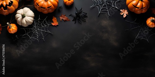 Happy halloween flat lay mockup with pumpkins and spider web on black background photo