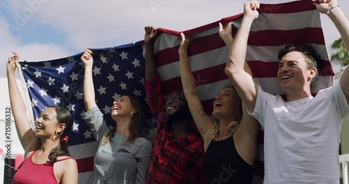 American flag, people and patriotic for country, support and labour day celebration in house. Friends, weekend and happy together for holiday, unity or sing national anthem for fun, standing or group photo