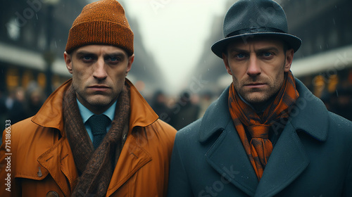 Two serious looking Eastern European men dressed in working class style - street - March - sharp faces - close-up shot  photo