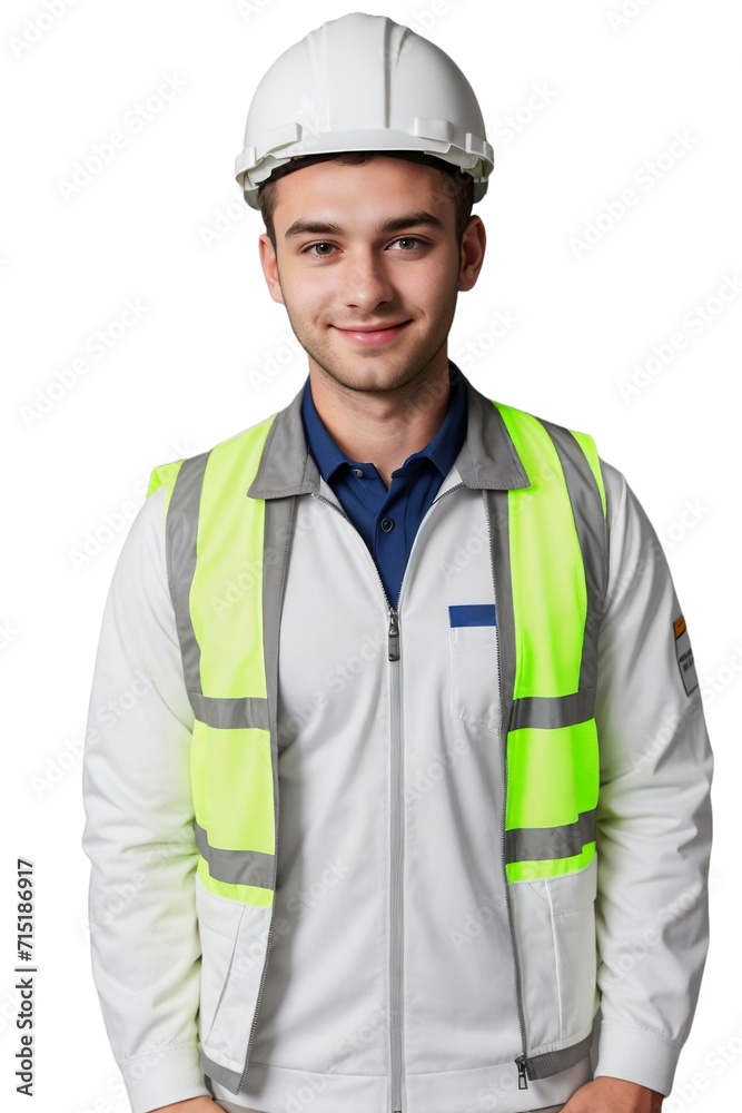 Handsome industrial engineer wearing a Hi-Vis jacket and white helmet, confidently smiling and looking at the camera, isolated, transparent background, no background. PNG. Handsome industrial engineer wearing a Hi-Vis jacket and white helmet, confidently smiling and looking at the camera, isolated, transparent background, no background. PNG.