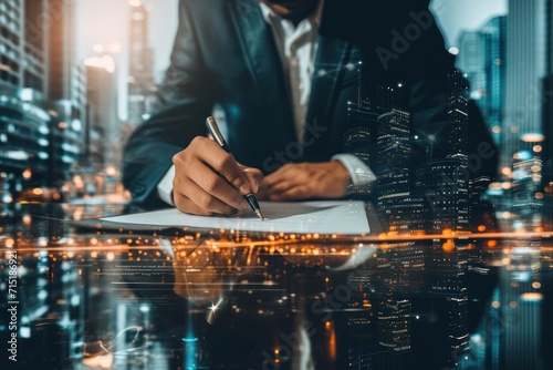 A businessman is signing a cooperation agreement with a client in his office in the business district  