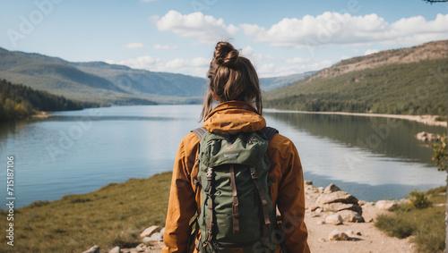 back view of a female backpacker with a lake in the background