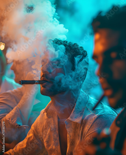 well dressed man smoking cigar in a nightclub covered in smoke