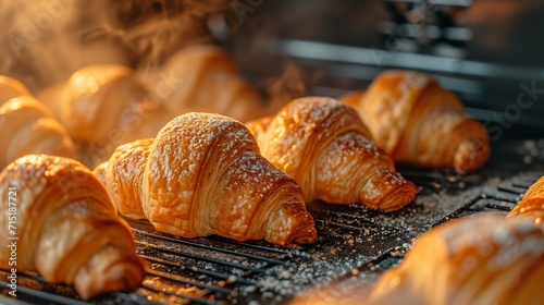 Freshly baked croissants are in tray after leaving the oven for customers