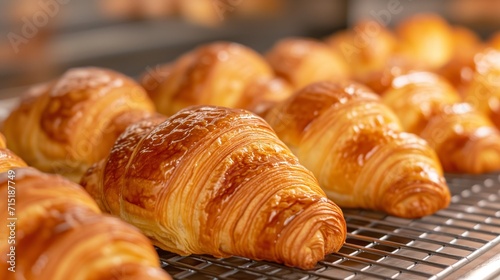 Freshly baked croissants are in tray after leaving the oven for customers