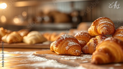 Baker meticulously crafts croissants, skillfully sprinkling sugar glaze on each one, creating a delectable treat straight from the oven