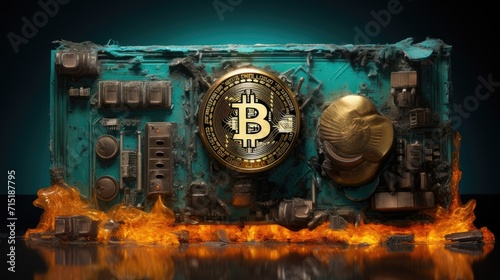 a striking visual of a Bitcoin emblem central on a circuit board, with vibrant flames engulfing the electronic components, depicting cryptocurrency mining heat