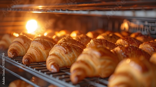 Freshly baked croissants are in tray after leaving the oven for customers photo
