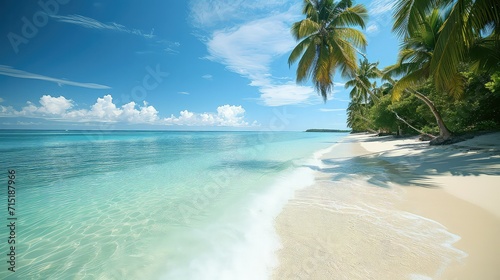 A photo of a tropical beach with clear blue water and white sand, featuring palm trees and a bright, sunny sky in a high-definition travel photography