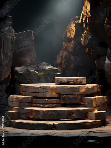 natural rock and stone podium or pedestal for product display scene, dark cave style photo