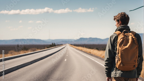 back view of a backpacker with an empty highway in the background photo