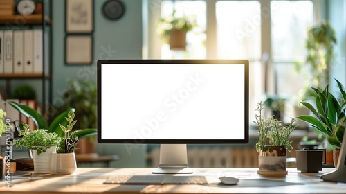 Mockup up computer monitor on desk in contemporary minimalist home office at sunrise, AI-generative photo