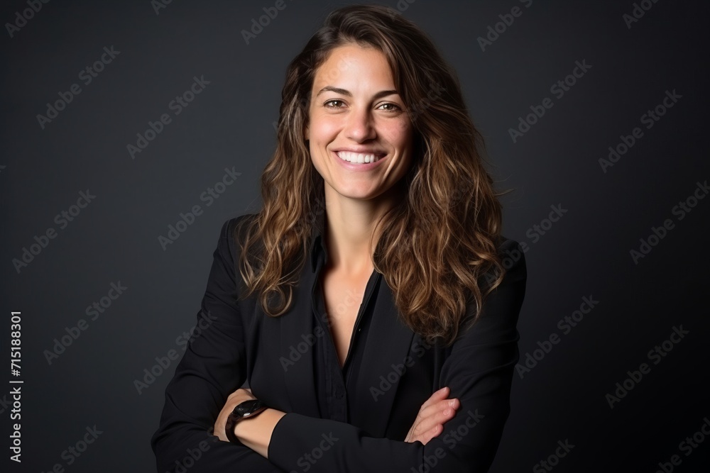 Portrait of a happy businesswoman with arms crossed over dark background Portrait of a happy businesswoman with arms crossed over dark background