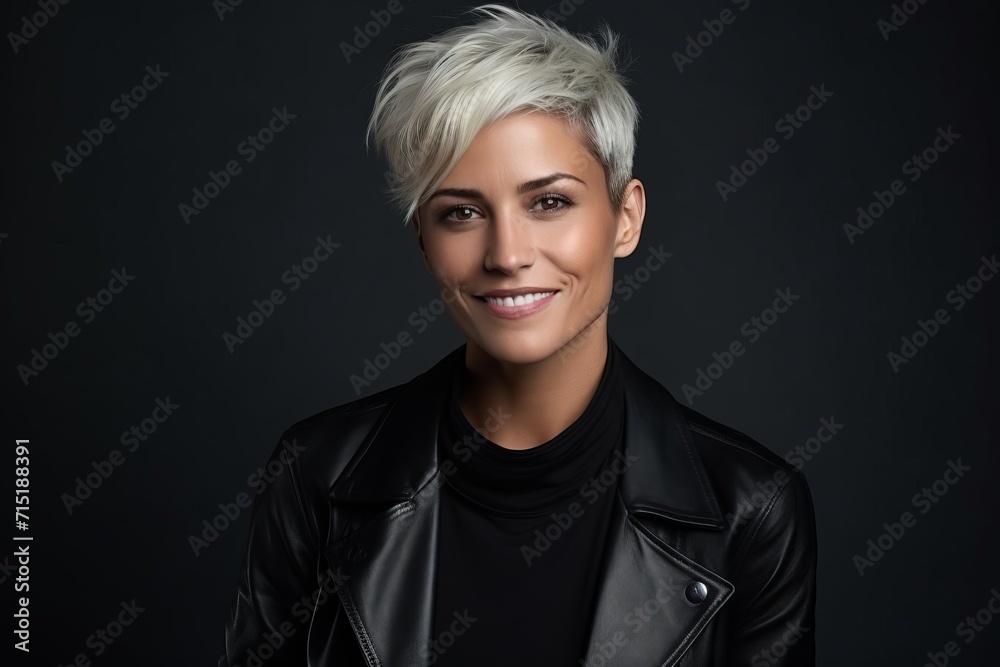 Portrait of a beautiful young woman with short blond hair in a black leather jacket.