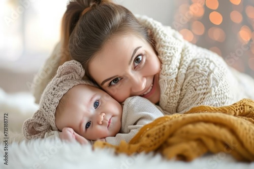 Loving mom carrying of her newborn baby at home. Bright portrait of happy mum holding sleeping infant child on hands. Mother hugging her little 2 months old son. 