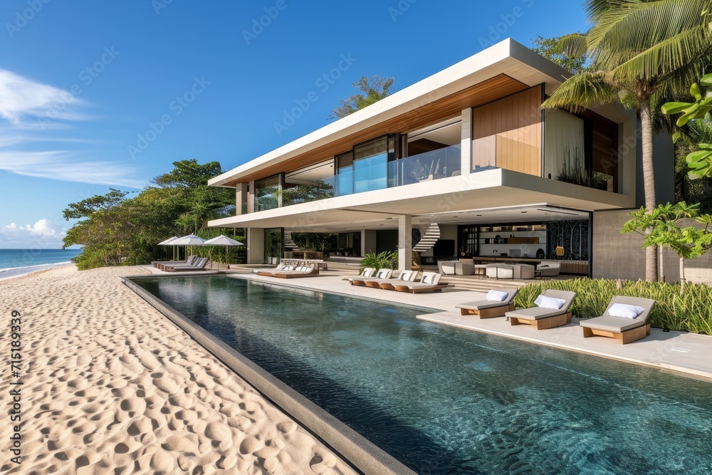 Modern beachfront house with pool on ocean shore.