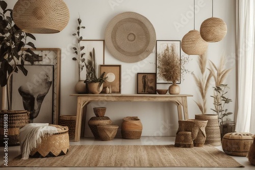 Bohemian living room with a beige interior, framed poster, elegant accessories, dried flowers, wooden console, and hanging rattan hut. Generative AI photo