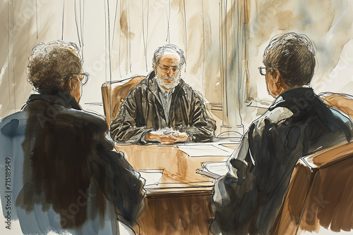 An artist impression sketch of a person on trial in a courtroom
