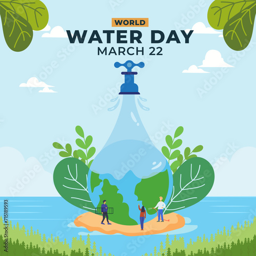 flat design world water day with water faucet  of water wetting the earth and some people around take responsibility to care for the earth together