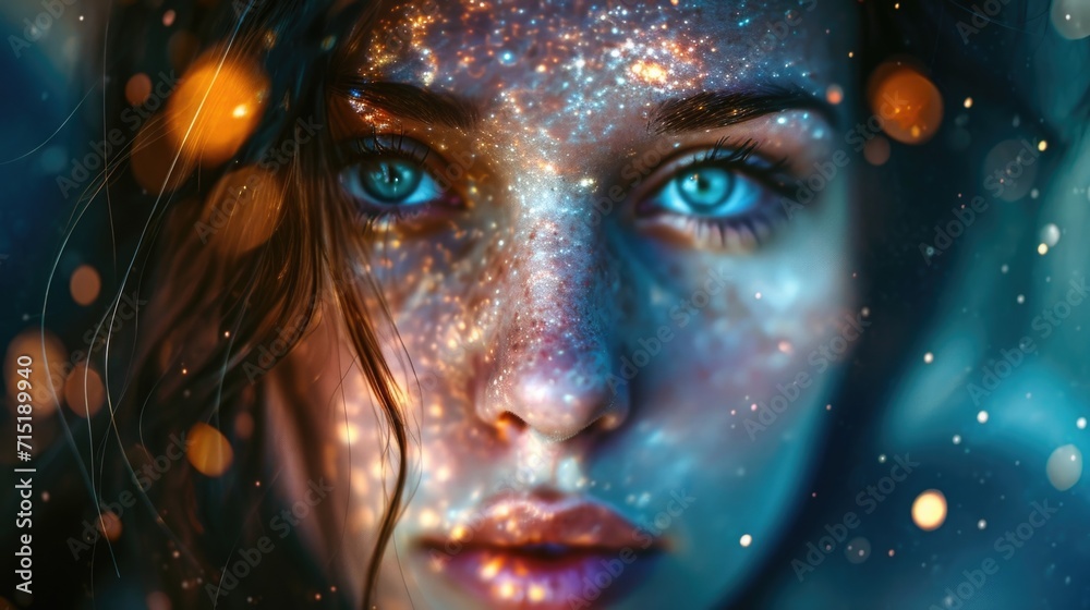 An intense portrait of a woman with an otherworldly glow, her irises creating the illusion of galaxies within them.