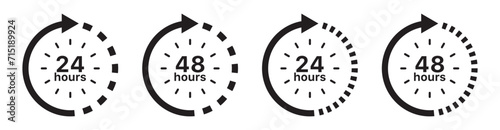  24 48 Hours clock arrow rotate time icon. Delivery order and service time support symbol sign. After 24 hours icon. Editable storke - Web icons set