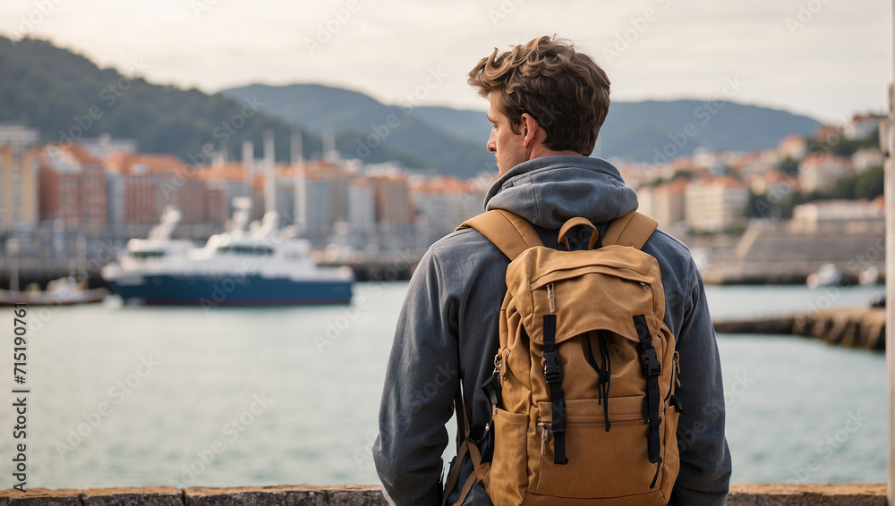 back view of a backpacker with a harbor background back view of a backpacker with a harbor background