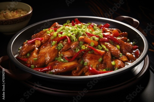Chinese national dish, sweet and sour chicken in clay pot.