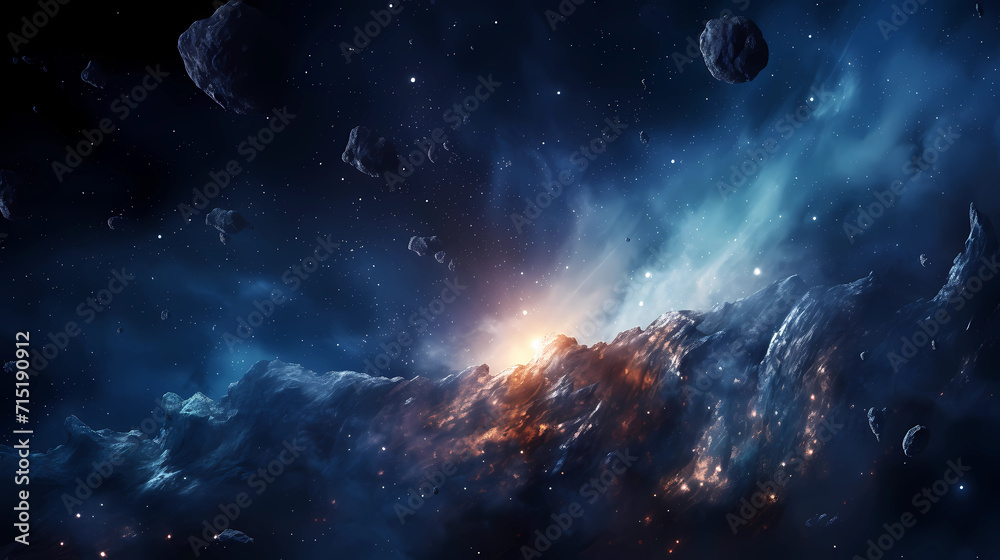 Fototapeta premium Cosmic Collision. Dazzling Dance of Galaxies Unveiling the Vast Splendor of the Universe. Theme of space and meteorites.
