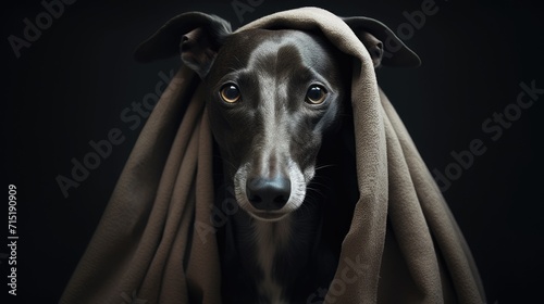 greyhound enveloped in towel