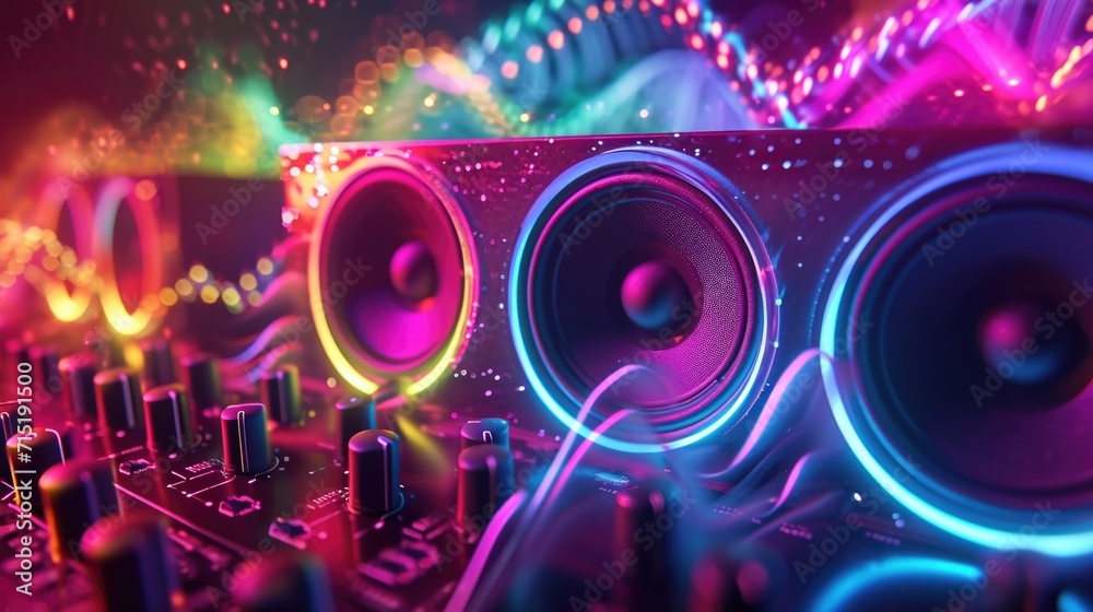 The sound waves from the vibrant speakers create an electrifying atmosphere drawing the eyes and ears towards their dynamic and colorful display