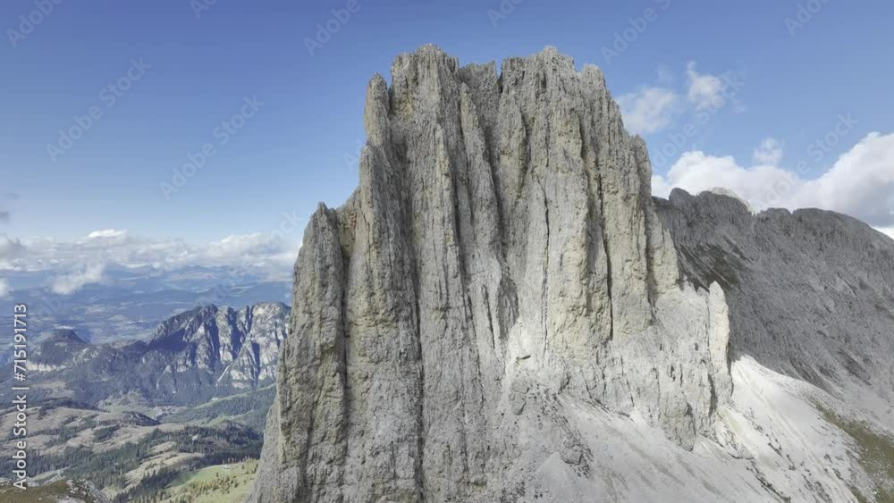Rose garden Massif with Tscheiner Peak, Cima Sforcella, seen from Vajolon Pass, drone image, Dolomites, South Tyrol, Italy, Europe Rose garden Massif with Tscheiner Peak, Cima Sforcella, seen from Vajolon Pass, drone image, Dolomites, South Tyrol, Italy, Europe