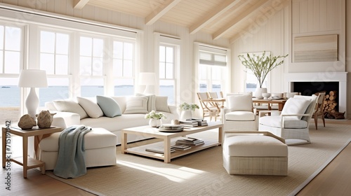 Interior of coastal living room with a view 