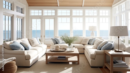 Interior of coastal living room with a view