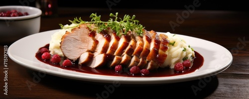 A warm, inviting shot depicts a delectable roasted pork loin carved into succulent slices, elegantly accompanied by a generous serving of tangysweet cranberry sauce. photo