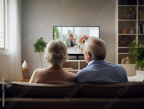 Senior couple sitting in the couch watching tv together at home