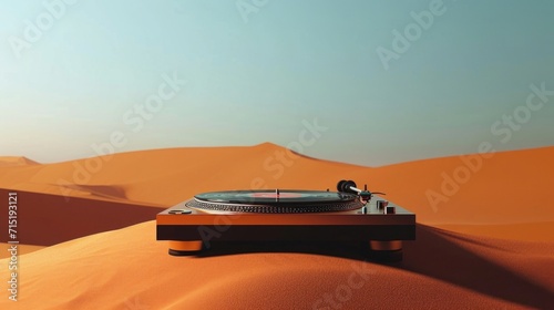 Images of a turntable sitting atop a dune in a barren desert the mirage of an oasis appearing above it representing the oasis of creativity that music can provide in eve