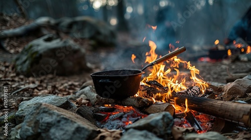 Cooking food in pot over campfire outdoor. Lifestyle camping in forest concept. copy space for text.