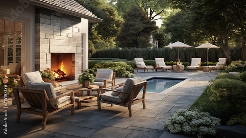 Cozy patio area with garden furniture, swimming pool and outdoor fireplace. copy space for text.