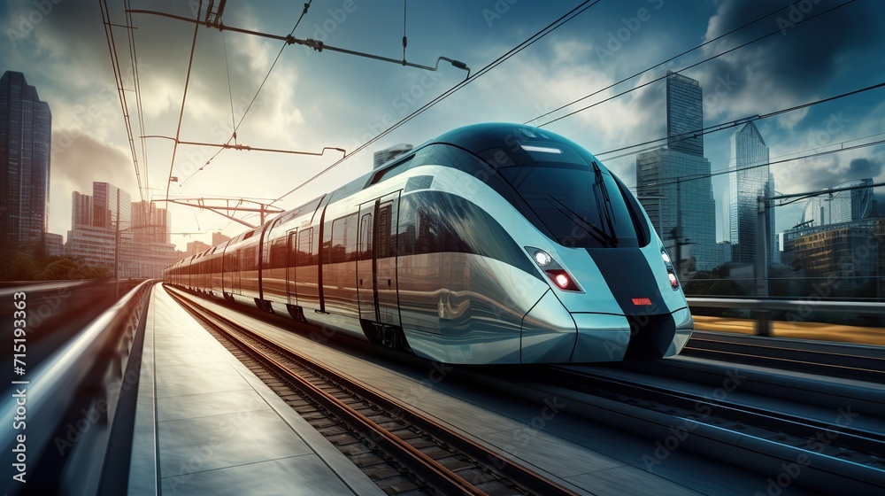 Electric passenger train drives at high speed among urban landscape. Beautiful train concept. copy space for text. Electric passenger train drives at high speed among urban landscape. Beautiful train concept. copy space for text.