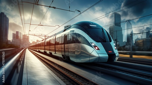 Electric passenger train drives at high speed among urban landscape. Beautiful train concept. copy space for text.