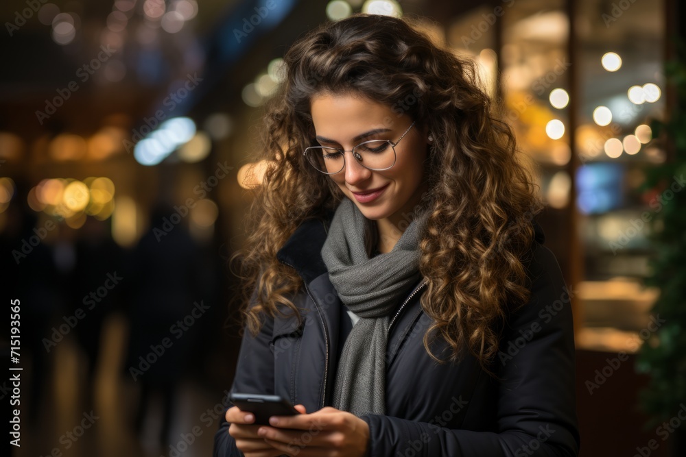 Focused female marketing specialist using her smartphone to communicate and coordinate marketing efforts, Generative AI