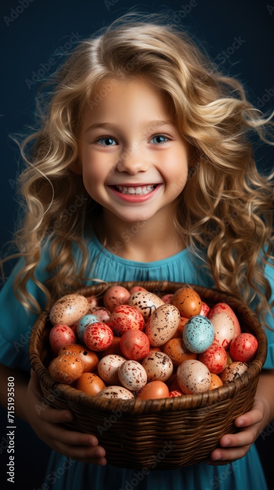 studio shot of cute little girl holding basket with easter eggs on dark background . studio shot of cute little girl holding basket with easter eggs on dark background .