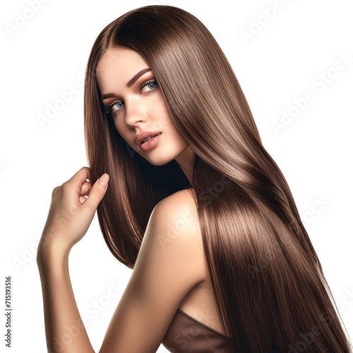 Beautiful model young woman with shiny brown and straight long hair, Keratin straightening, Treatment, care and spa procedures, Smooth hairstyle, isolated on white background, png