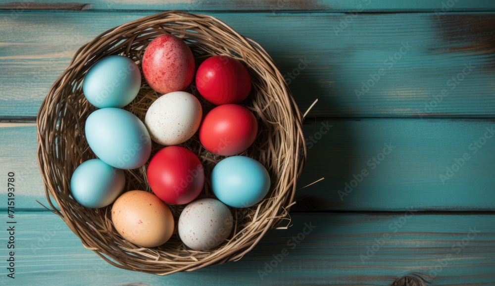 Basket with colorful Easter eggs on a wooden background. Basket with colorful Easter eggs on a wooden background.