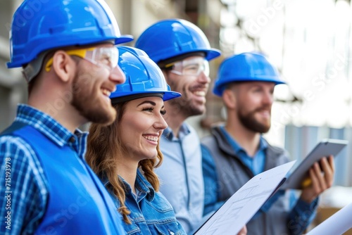 business, building, teamwork, technology and people concept - group of smiling builders in hardhats with tablet pc computer and blueprint outdoors photo