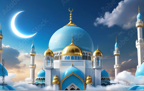 Eid Mubarak Background and 3d mosque with Islamic showpiece