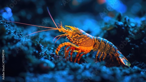 An otherworldly neon orange shrimp adorned with intricate patterns crawling along the ocean floor
