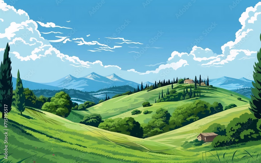 Rural vector illustration background Hillscape with pine trees, beautiful view

