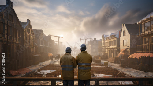 Two construction workers in safety gear overseeing development at a residential construction site.