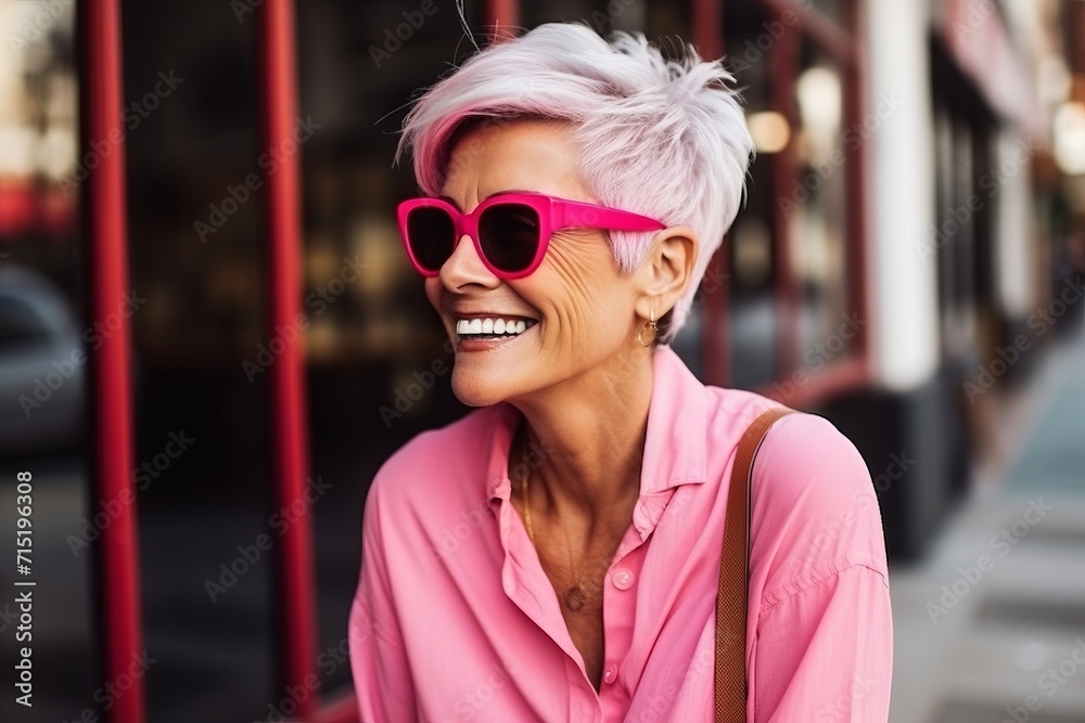 Portrait of happy senior woman with pink hair wearing sunglasses and smiling Portrait of happy senior woman with pink hair wearing sunglasses and smiling